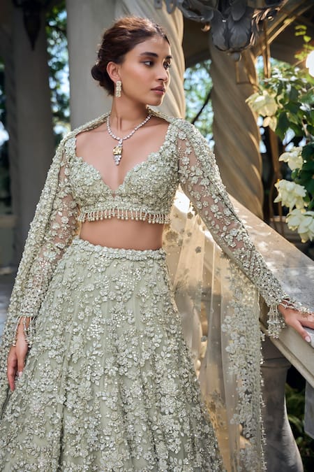 Seema Gujral_Green Net Sequins, Embroidery Sweetheart Three-dimensional Sage Lehenga Set _at_Aza_Fashions