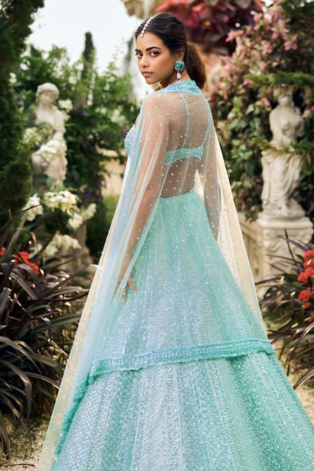 Shop_Seema Gujral_Turquoise Net Sequins, Beads Sweetheart Neck Blue Lehenga Set _at_Aza_Fashions