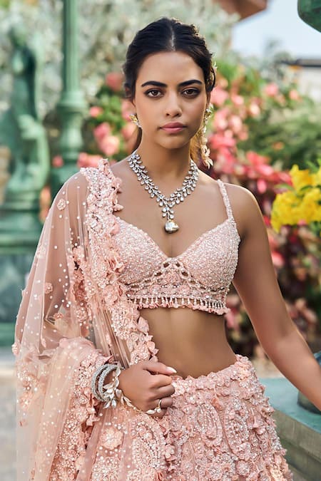 Seema Gujral_Peach Net Sequins, Embroidery Sweetheart Neck Three-dimensional Lehenga Set _Online_at_Aza_Fashions
