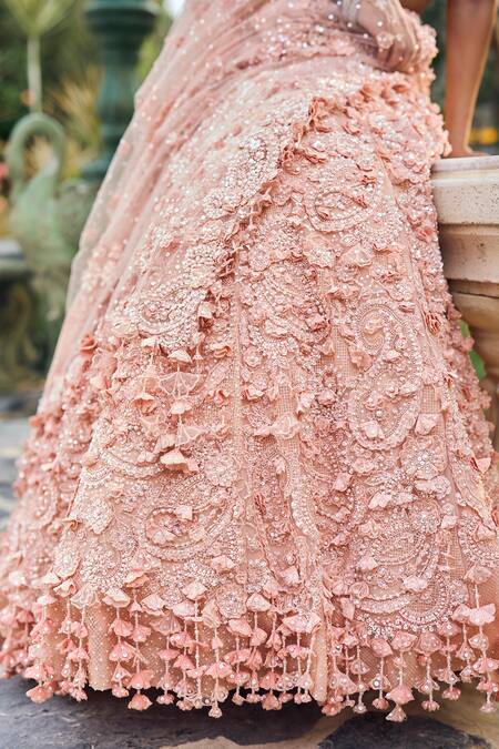 Seema Gujral_Peach Net Sequins, Embroidery Sweetheart Neck Three-dimensional Lehenga Set _at_Aza_Fashions
