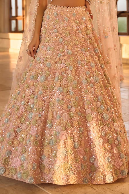 Buy_Seema Gujral_Multi Color Net Beads, Applique, Sequins, Pearls Three-dimensional Lehenga Set _Online_at_Aza_Fashions