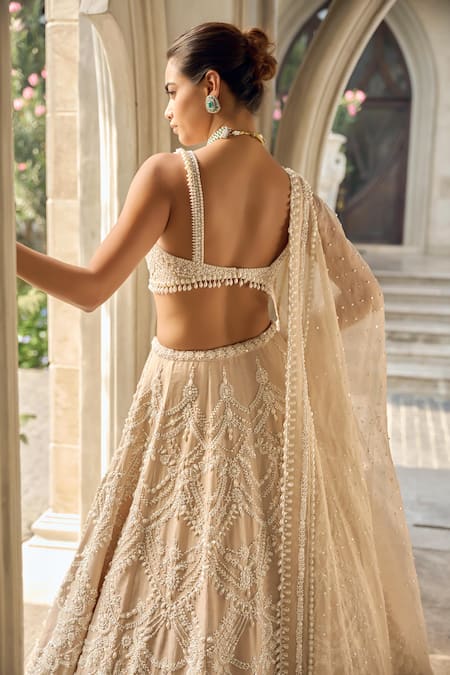 Shop_Seema Gujral_Beige Tissue, Silk, Organza Sequins, Beads, Embroidery Chandelier Lehenga Set _at_Aza_Fashions