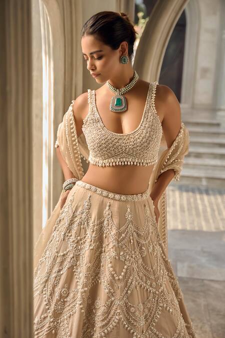 Seema Gujral_Beige Tissue, Silk, Organza Sequins, Beads, Embroidery Chandelier Lehenga Set _Online_at_Aza_Fashions