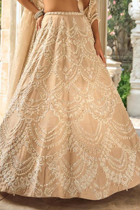 Shop_Seema Gujral_Beige Tissue, Silk, Organza Sequins, Beads, Embroidery Chandelier Lehenga Set _Online_at_Aza_Fashions