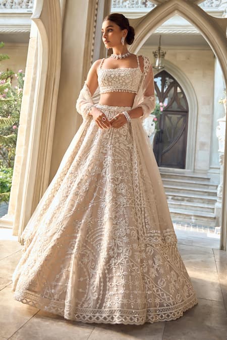 Seema Gujral Beige Net Sequins, Embroidery, Pearls Square Neck Abstract Dori Lehenga Set 