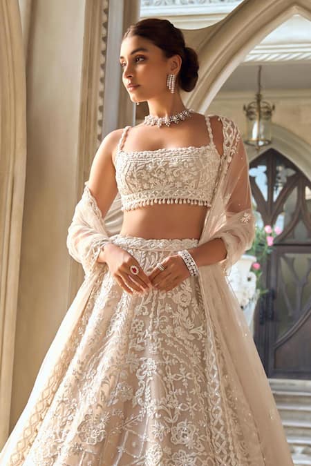 Buy_Seema Gujral_Beige Net Sequins, Embroidery, Pearls Square Neck Abstract Dori Lehenga Set _Online_at_Aza_Fashions