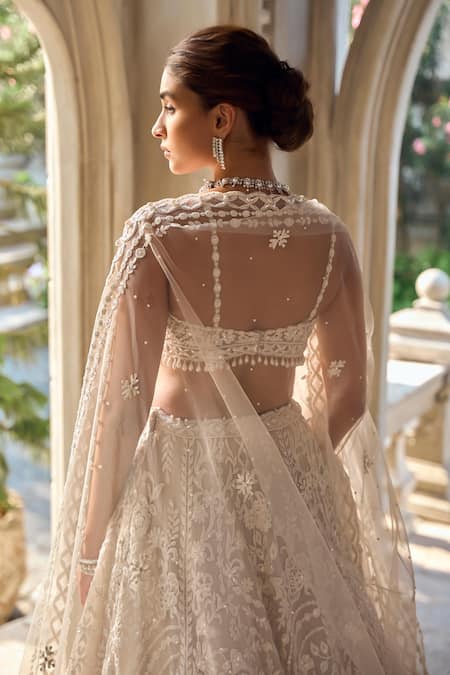 Seema Gujral_Beige Net Sequins, Embroidery, Pearls Square Neck Abstract Dori Lehenga Set _Online_at_Aza_Fashions