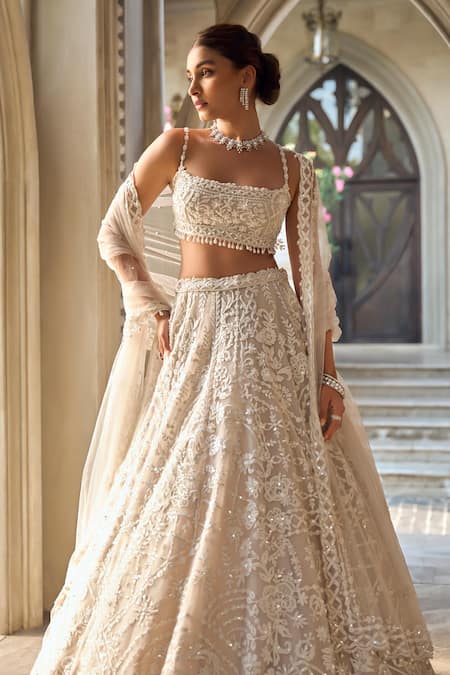 Shop_Seema Gujral_Beige Net Sequins, Embroidery, Pearls Square Neck Abstract Dori Lehenga Set _Online_at_Aza_Fashions