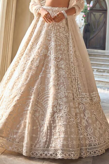 Seema Gujral_Beige Net Sequins, Embroidery, Pearls Square Neck Abstract Dori Lehenga Set _at_Aza_Fashions