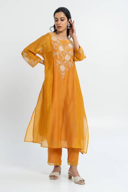 Pants and Pajamas Chanderi Embroidered Long Kurta 