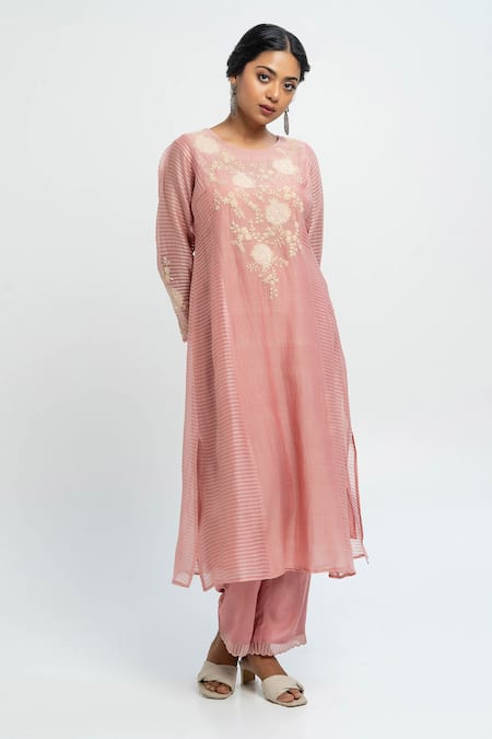 Pants and Pajamas Chanderi Embroidered Pink Kurta 