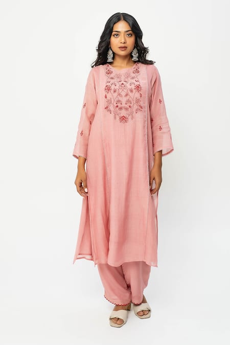 Pants and Pajamas Chanderi Embroidered Pink Kurta 
