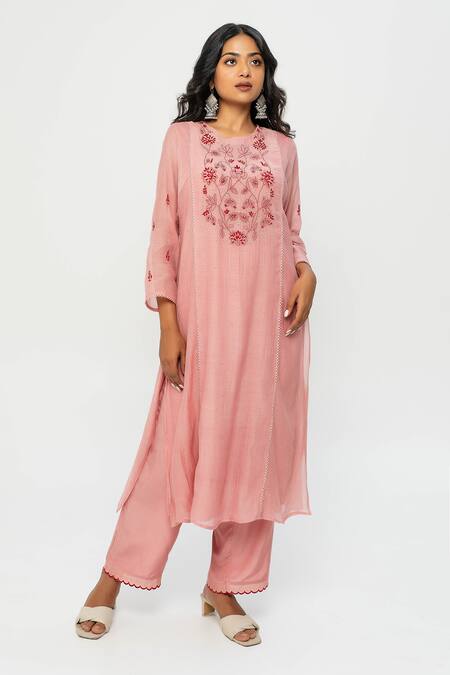 Buy Pants And Pajamas Pink Chanderi Embroidery Round Neck Kurta Online at Aza Fashions Buy_Pants And Pajamas_Pink Chanderi Embroidery Round Neck Kurta _Online_at_Aza_Fashions