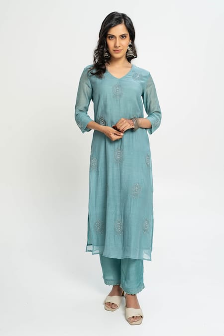 Pants and Pajamas Chanderi Embroidered Long Kurta 