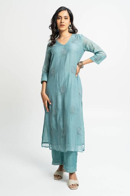 Buy Pants And Pajamas Blue Chanderi Embroidery V-neck Long Kurta Online at Aza Fashions Buy_Pants And Pajamas_Blue Chanderi Embroidery V-neck Long Kurta _Online_at_Aza_Fashions
