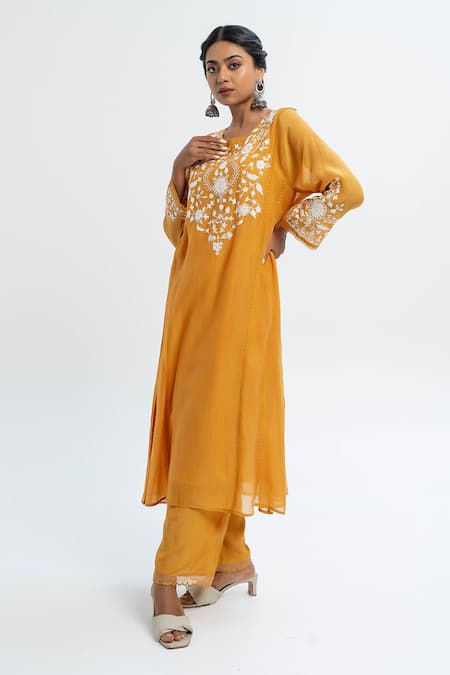Pants and Pajamas Chanderi Embroidered Long Kurta 
