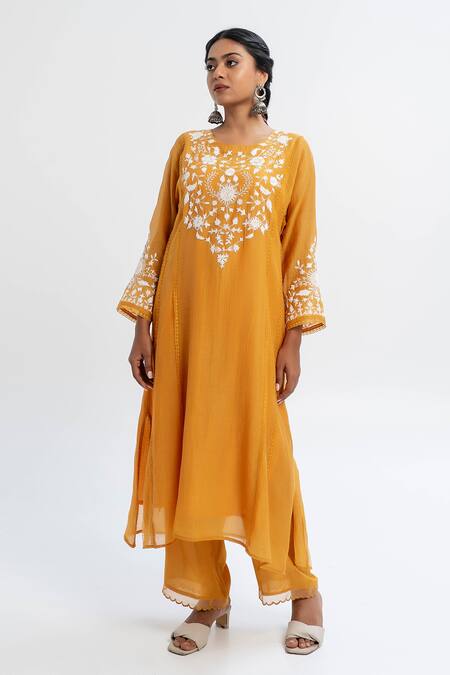 Shop_Pants And Pajamas_Orange Chanderi Embroidery Round Neck Long Kurta _Online_at_Aza_Fashions