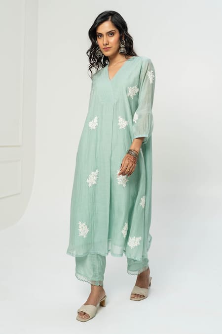 Pants and Pajamas Chanderi Embroidered Long Kurta 