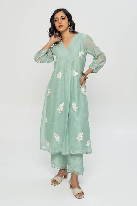 Buy Pants And Pajamas Blue Chanderi Embroidery V-neck Long Kurta Online at Aza Fashions Buy_Pants And Pajamas_Blue Chanderi Embroidery V-neck Long Kurta _Online_at_Aza_Fashions