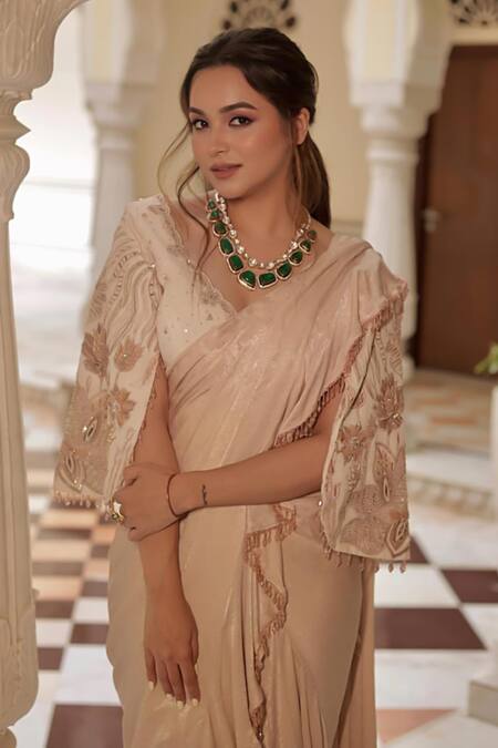 Shreeka Ivory Georgette, Silk, Crepe Sequins, Embroidered Blouse And Pre-draped Saree Set at Aza Fashions Shreeka_Ivory Georgette, Silk, Crepe Sequins, Embroidered Blouse And Pre-draped Saree Set _at_Aza_Fashions
