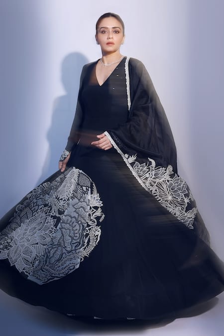 Shreeka Black Silk Crepe Embroidery Pipe V Neck Flower Chintz Anarkali Set 