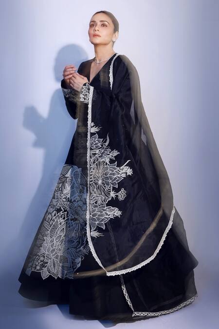 Buy_Shreeka_Black Viscose, Silk, Lycra, Organza, Net Embroidery Flower Chintz Anarkali Set 