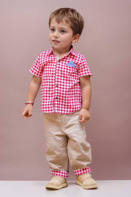 Arihant Rai Sinha Red Checkered Shirt And Beige Pants Set For Boys 