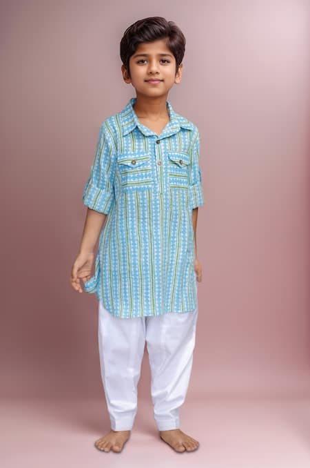 Arihant Rai Sinha Blue Cotton Embroidery Striped Kurta Set 