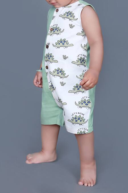 Petite Pomme Green Cotton Dinosaur Print Romper at Aza Fashions Petite Pomme_Green Cotton Dinosaur Print Romper_at_Aza_Fashions