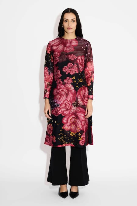 SHASHA GABA_Multi Color Polyester Round Neck Floral Straight Kurta _Online_at_Aza_Fashions