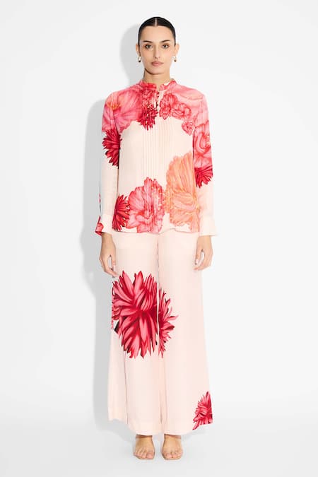 SHASHA GABA Pink Mandarin Collar Floral Print Pintuck Shirt 