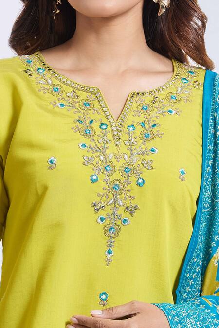 Buy_Naintara Bajaj_Yellow Viscose, Chanderi Embroidery V-neck Kurta Set _Online_at_Aza_Fashions