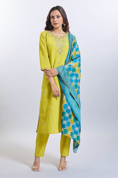 Shop_Naintara Bajaj_Yellow Viscose, Chanderi Embroidery V-neck Kurta Set _Online_at_Aza_Fashions