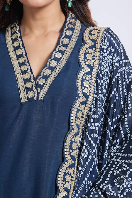Samyukta Singhania Navy Viscose, Silk Embroidery Split V-neck Blue Kurta Set at Aza Fashions Samyukta Singhania_Navy Viscose, Silk Embroidery Split V-neck Blue Kurta Set _at_Aza_Fashions
