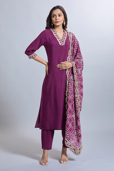 Shop Samyukta Singhania Purple Viscose, Silk Embroidery V-neck Kurta Set Online at Aza Fashions Shop_Samyukta Singhania_Purple Viscose, Silk Embroidery V-neck Kurta Set _Online_at_Aza_Fashions