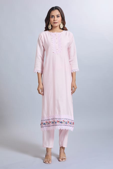 Buy_Samyukta Singhania_Pink Viscose, Chanderi, Jacquard Embroidery Round Neck Kurta Set With Dupatta _Online_at_Aza_Fashions