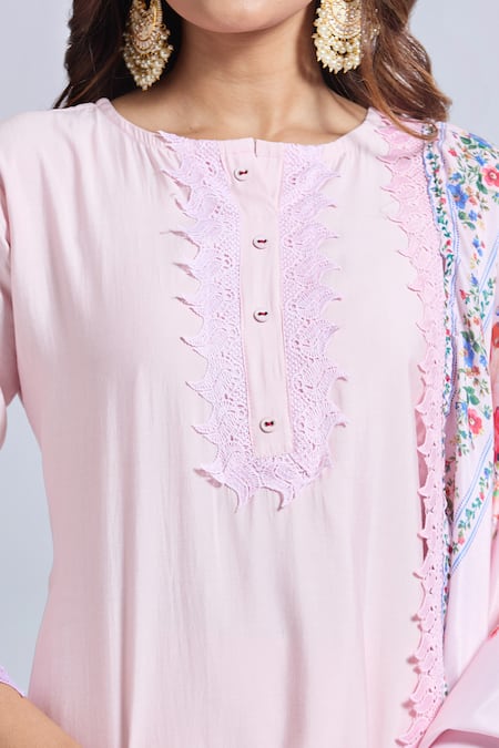 Shop_Samyukta Singhania_Pink Viscose, Chanderi, Jacquard Embroidery Round Neck Kurta Set With Dupatta _Online_at_Aza_Fashions