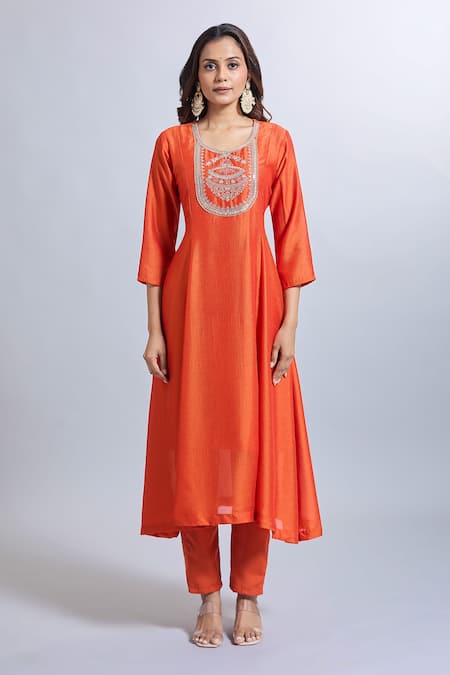 Buy Samyukta Singhania Orange Viscose, Chanderi, Jacquard Embroidery Round Neck Kurta Set Online at Aza Fashions Buy_Samyukta Singhania_Orange Viscose, Chanderi, Jacquard Embroidery Round Neck Kurta Set _Online_at_Aza_Fashions