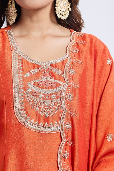 Shop Samyukta Singhania Orange Viscose, Chanderi, Jacquard Embroidery Round Neck Kurta Set Online at Aza Fashions Shop_Samyukta Singhania_Orange Viscose, Chanderi, Jacquard Embroidery Round Neck Kurta Set _Online_at_Aza_Fashions
