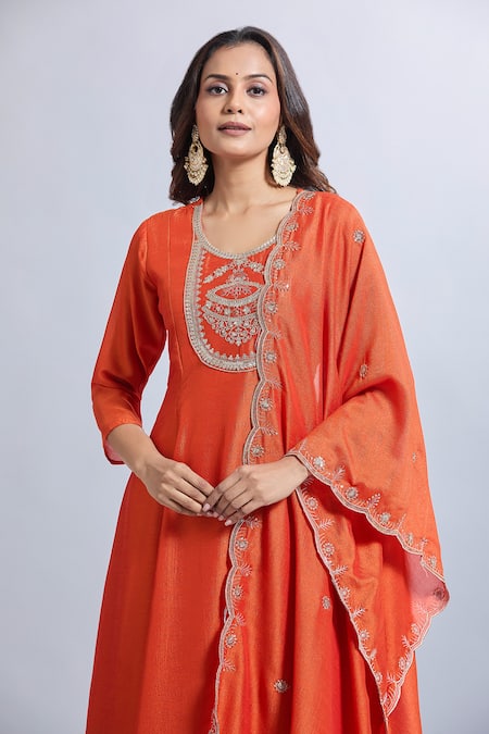 Samyukta Singhania Orange Viscose, Chanderi, Jacquard Embroidery Round Neck Kurta Set at Aza Fashions Samyukta Singhania_Orange Viscose, Chanderi, Jacquard Embroidery Round Neck Kurta Set _at_Aza_Fashions