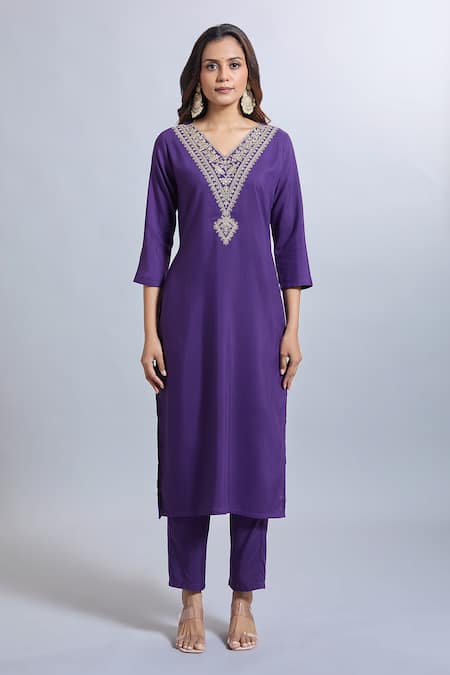 Shop_Samyukta Singhania_Purple Viscose, Organza Embroidery V-neck Kurta Set _Online_at_Aza_Fashions
