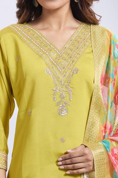 Shop_Samyukta Singhania_Yellow Viscose, Organza Embroidery V-neck Kurta Set_Online_at_Aza_Fashions