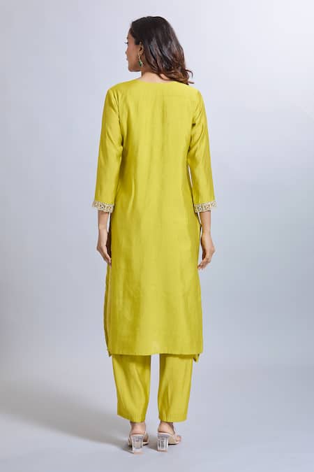 Shop_Samyukta Singhania_Yellow Viscose, Organza Embroidery Round Neck Lemon Kurta Set _at_Aza_Fashions