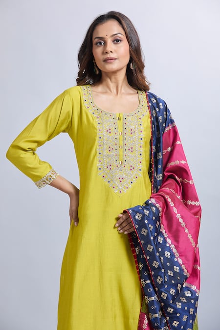 Shop_Samyukta Singhania_Yellow Viscose, Organza Embroidery Round Neck Lemon Kurta Set _Online_at_Aza_Fashions