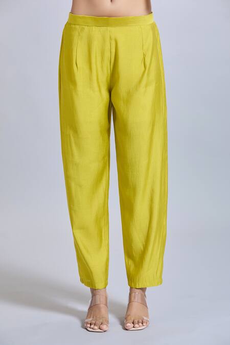 Buy_Samyukta Singhania_Yellow Viscose, Organza Embroidery Round Neck Lemon Kurta Set 