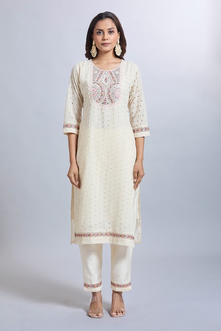 Buy_Naintara Bajaj_White Viscose, Chanderi, Jacquard Embroidery Round Neck Kurta Set _Online_at_Aza_Fashions