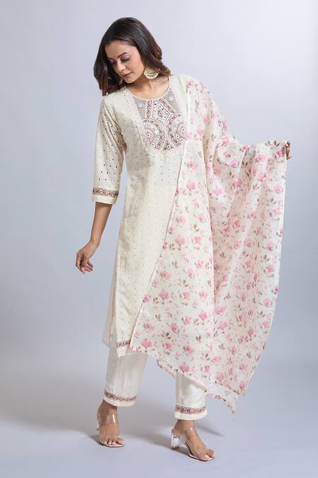 Shop_Naintara Bajaj_White Viscose, Chanderi, Jacquard Embroidery Round Neck Kurta Set _Online_at_Aza_Fashions