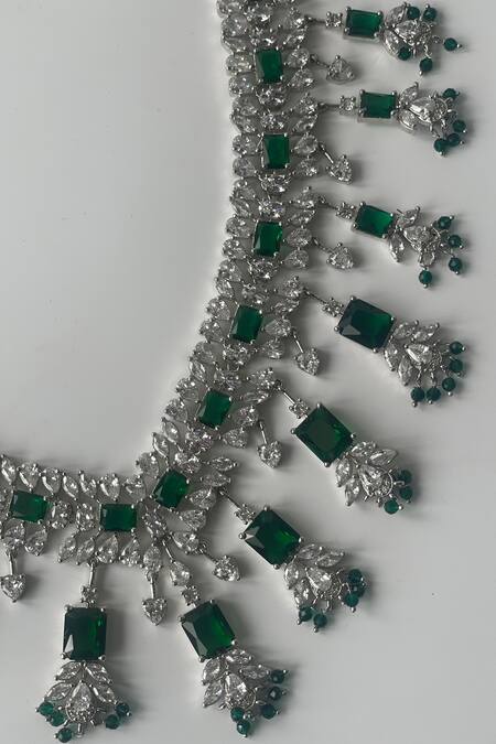Studio6 Jewels_Green Stones, Rhinestones Zircon V Neck Choker Set  _Online_at_Aza_Fashions