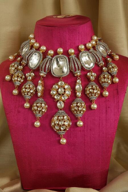 Studio6 Jewels_Gold Plated Stones, Pearls Kundan Necklace And Earrings Set_Online_at_Aza_Fashions