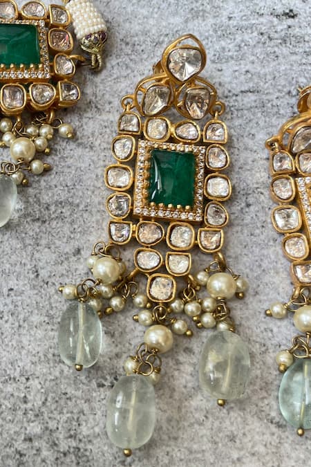 Studio6 Jewels_Green Stones Kundan Choker And Earrings Set _Online_at_Aza_Fashions